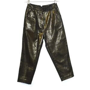 B2 NEW 3.1 PHILLIP LIM Gold Metallic Cotton Pleated Front Cropped Pants Size S